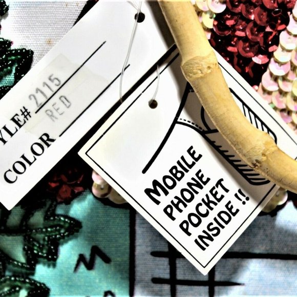 Cafe Print Multi Color Tote Sequence/Wood Handles - Picture 4 of 7